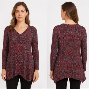 J. Jill Red and Blue Patterned Tunic Top Long Sleeve Boho Casual Size Medium